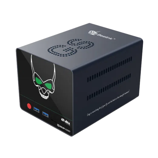 Beelink GS-King X Android BOX with Nas - Showing from front at angle with Power Button, 2x USB Type-A 3.0 Ports and Micro SD/TF Card Slot