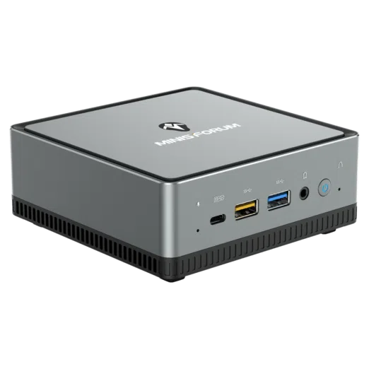 MinisForum UM250 AMD Mini PC - Showing front Microphone, USB-Type C Port, 2x USB Type-A Ports and 3.5mm Headphone Jack along with Power Button