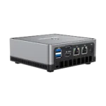 MINISFORUM DMAF5 AMD Mini PC with Ryzen 5 - Shown from the back at left side angle with Power Port, 2x RJ45 Ethernet Ports, 1x HDMI, 1x DisplayPort and 2x USB Type-A Ports