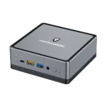 MINISFORUM DMAF5 AMD Mini PC with Ryzen 5 - Shown from top right angle with Mic In, 2x USB Type-A Ports, 1x USB Type-C Port, 3.5mm Jack and Power Button