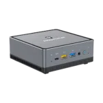 MINISFORUM DMAF5 AMD Mini PC with Ryzen 5 - Shown from left side at angle with Mic In, 2x USB Type-A Ports, 1x USB Type-C Port, 3.5mm Jack and Power Button