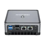 MINISFORUM DMAF5 AMD Mini PC with Ryzen 5 - Shown from the back at angle with Power Port, 2x RJ45 Ethernet Ports, 1x HDMI, 1x DisplayPort and 2x USB Type-A Ports