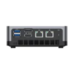 MINISFORUM DMAF5 AMD Mini PC with Ryzen 5 - Shown from the back straight at angle with Power Port, 2x RJ45 Ethernet Ports, 1x HDMI, 1x DisplayPort and 2x USB Type-A Ports