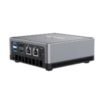 MINISFORUM DMAF5 AMD Mini PC with Ryzen 5 - Shown from the back at right side angle with Power Port, 2x RJ45 Ethernet Ports, 1x HDMI, 1x DisplayPort and 2x USB Type-A Ports