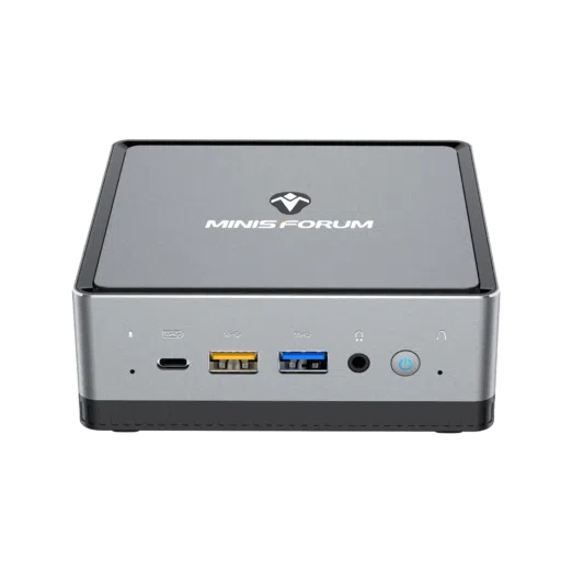 MinisForum EliteMini UM700 - Shown from the front with 1x USB Type-C Port, and 2x USB Type-A Ports, along with a 3.5mm headphone&microphone combo jack and power button