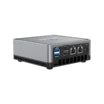 MinisForum EliteMini UM700 - Showing from the back at angle with I/O which is 2x USB Type-A 3.0, 1x HDMI, 1x DisplayPort, 2x RJ45 Ethernet Ports and Power Port