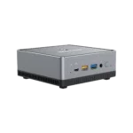 MinisForum EliteMini UM700 - Shown from an angle with 1x USB Type-C Port, and 2x USB Type-A Ports, along with a 3.5mm headphone&microphone combo jack and power button