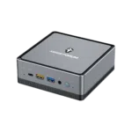MinisForum EliteMini UM700 - Shown from an angle with 1x USB Type-C Port, and 2x USB Type-A Ports, along with a 3.5mm headphone&microphone combo jack and power button