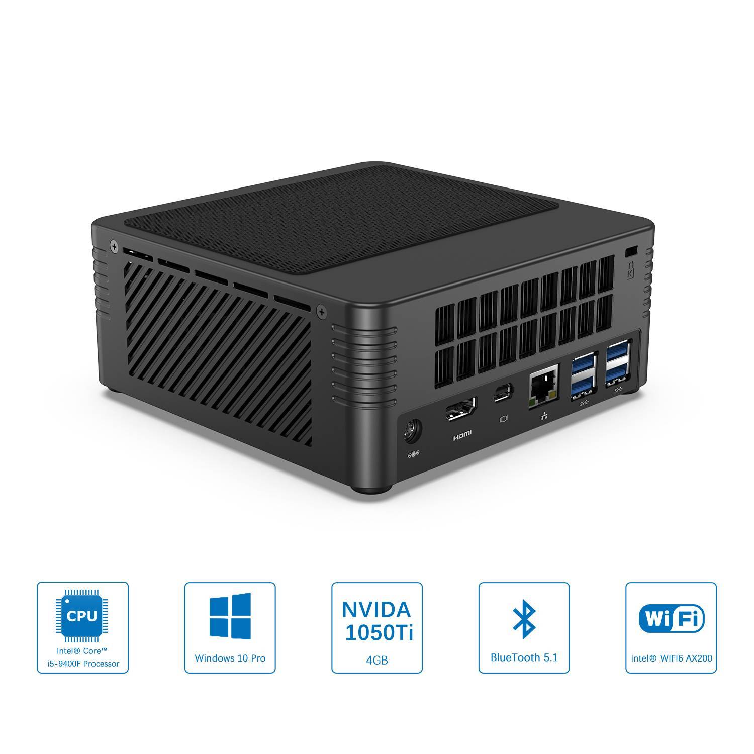 MinisForum EliteMini H31G Mini PC w/ NVidia 1050Ti showing features