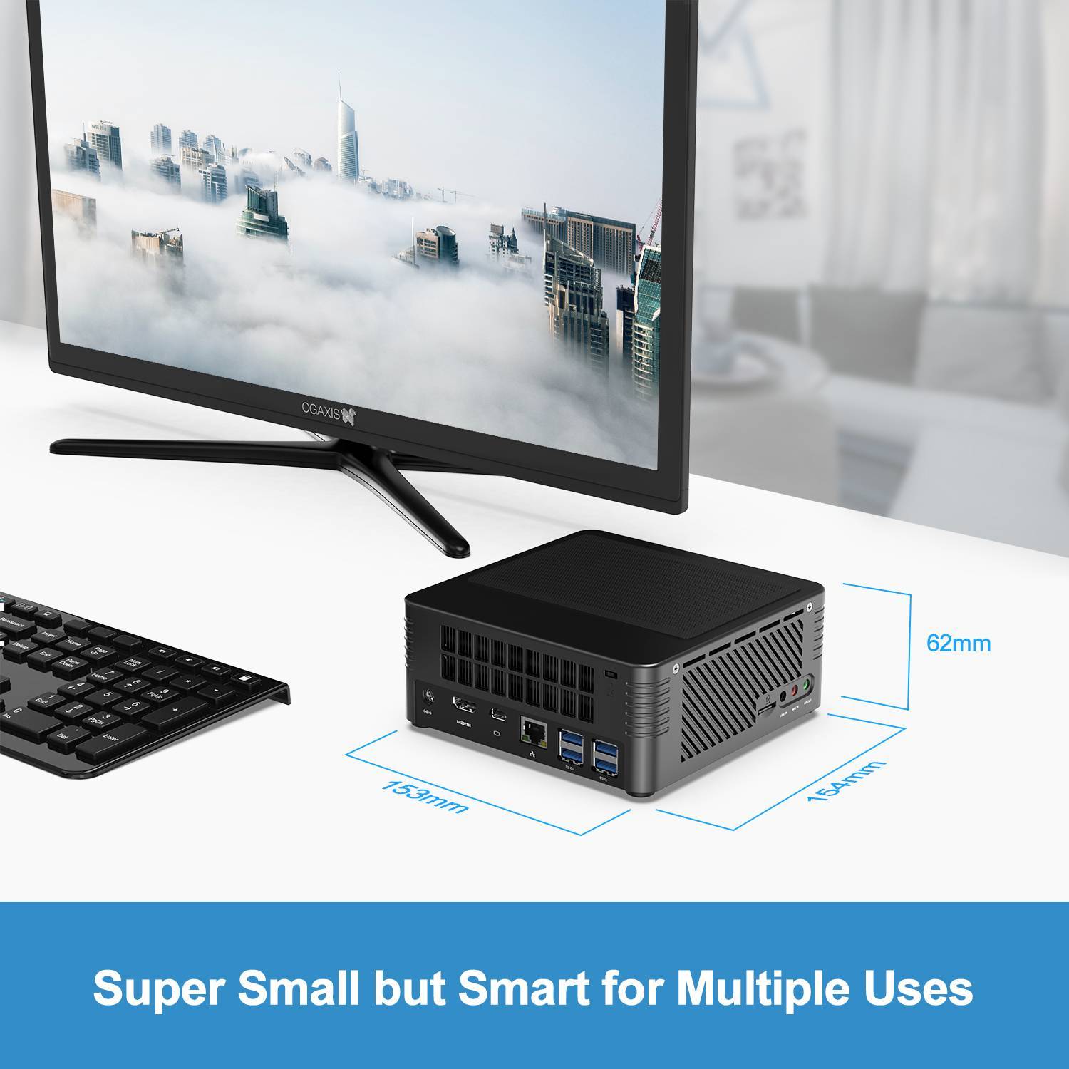 MinisForum EliteMini H31G Mini PC w/ NVidia 1050Ti showing dimensions