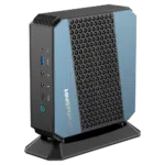 MinisForum EliteMini HX90 Gaming Mini PC - Shown from the front with USB Type-A 3.0, Microphone & Headphone Jack, USB-Type C and Power Button