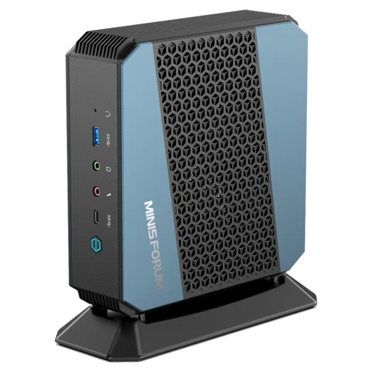 MinisForum EliteMini HX90 Gaming Mini PC - Shown from the front with USB Type-A 3.0, Microphone & Headphone Jack, USB-Type C and Power Button
