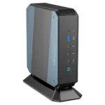 MinisForum EliteMini HX90 Gaming Mini PC - Shown from the front with USB Type-A 3.0, Microphone & Headphone Jack, USB-Type C and Power Button from a different angle