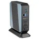 MinisForum EliteMini HX90 Vertical Gaming Mini PC - Shown from the rear at an angle from the left with Power Port, 4x Display Output, Headphone&Microphone Jack, 4x USB Type-C 3.0 and one 2.5G Ethernet Port
