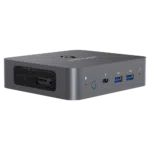 MinisForum X35G Windows Intel NUC Mini PC - Shown from the front at angle with Microphone, Power Port, USB Type-C and 2x USB Type-A 3.0