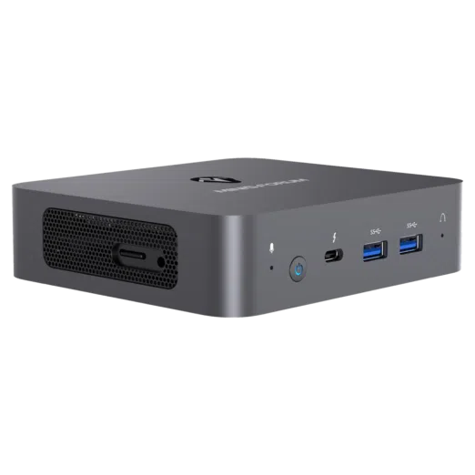 MinisForum X35G Windows Intel NUC Mini PC - Shown from the front at angle with Microphone, Power Port, USB Type-C and 2x USB Type-A 3.0