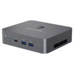 MinisForum X35G Windows Intel NUC Mini PC - Shown from the front at angle with Microphone, Power Port, USB Type-C and 2x USB Type-A 3.0