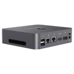MinisForum X35G Windows Intel NUC Mini PC - Shown from the back at angle with 2x USB Type-A 2.0, 2x RJ45 Ethernet Ports, Display Port and HDMI Port