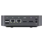 MinisForum X35G Windows Intel NUC Mini PC - Shown from the back at angle with 2x USB Type-A 2.0, 2x RJ45 Ethernet Ports, Display Port and HDMI Port along with Power Port and Kensington Lock