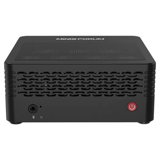 MinisForum EliteMini X500 Windows 10 Mini Computer - Shown from the front with 3.5mm Headphone&Microphone Jack and Power Button