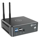 Proteus by DroiX Windows Mini PC - Shown from the front with 2x USB 3.0 Type-A, 2x USB Type-A 2.0, 1x 3.5mm Headphone&Mic combo