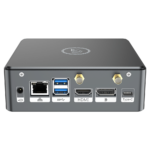 Proteus by DroiX Windows Mini PC   Shown from the rear with Display Port HDMI Port USB Type C Port 2x USB Type A and RJ45 1GBs Ethernet Port