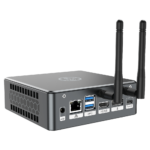 Proteus by DroiX Windows Mini PC   Shown from the rear with Display Port HDMI Port USB Type C Port 2x USB Type A and RJ45 1GBs Ethernet Port