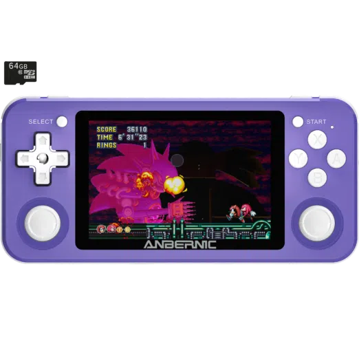 RG351P Purple with 64GB MicroSD Card Retro Gaming Emulator - Showing Front