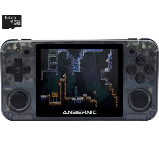 RG350P - Shown from the front playing a Retro Game