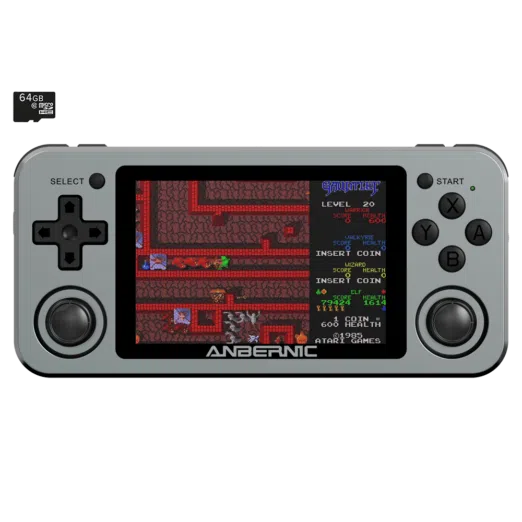 RG351M Space Grey Retro Gaming Handhelds   Showing from the front with retro game playing