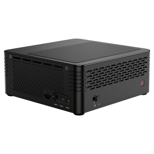 MinisForum EliteMini X400 Ryzen 3 PRO Mini Computer - Showing the device at an angle with Power Button, Vents, 3.5mm Headphone&Microphone Jack