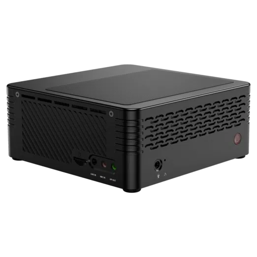 MinisForum EliteMini X400 Ryzen 3 PRO Mini Computer - Showing the device at an angle with Power Button, Vents, 3.5mm Headphone&Microphone Jack