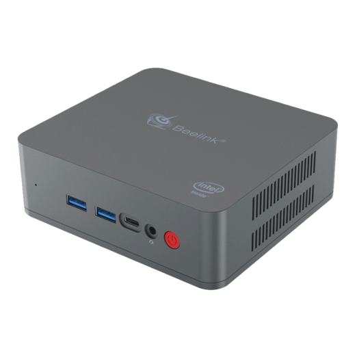 Beelink U55 Windows 10 Mini PC   Front View at an Angle showing Power Button Headphone Jack USB Type C Port and two USB 30 Ports