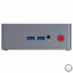 Beelink BT3-X Windows 10 Mini PC HTPC ; Front View showing Power Button, 3.5mm Headphone Jack and 2x USB 3.0 Type A Ports