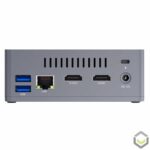 Beelink BT3-X Windows 10 Mini PC HTPC ; Rear View showing Cooling Vent, Kensington Lock, DC 12V PSU Port, Dual HDMI 1.4 Output, RJ45 1GB/s Ethernet LAN and 2 USB Type A 3.0