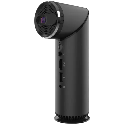 DroiX K5H Pico DLP Projector - Front View showing Lens, Audio Input, HDMI Output, USB 2.0 and Power Input