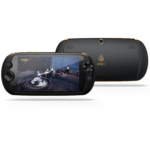 MOQi i7 Android Smartphone Handheld - Front view showing the console playing a MMORPG Game and the Camera on the back