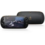 MOQi i7 Android Smartphone Handheld - Front view showing the console playing a MMORPG Game and the Camera on the back