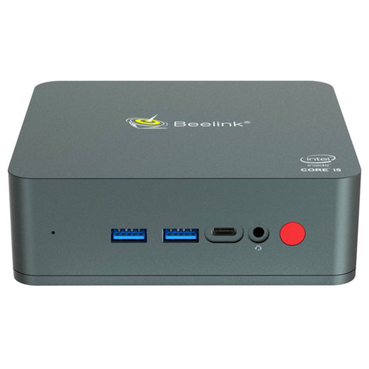 Beelink U57 Windows 10 Intel NUC Mini PC - Front facing showing Microphone, 2x USB 3.0 Type-A, 1x USB Type-C, 3.5mm Headphone Jack and Power button