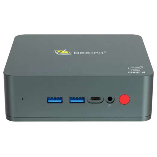 Beelink U57 Windows 10 Intel NUC Mini PC - Front facing showing Microphone, 2x USB 3.0 Type-A, 1x USB Type-C, 3.5mm Headphone Jack and Power button