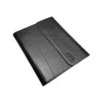 A sleek, black protective case shown at an angle, highlighting its smooth texture, curved stitching design, and secure flap closure.