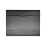 The backside of the black case, featuring a subtle curved stitching pattern and a cutout section for easy access.