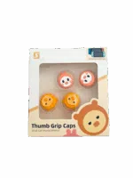 A product box containing four circular thumb grip caps for a Nintendo Switch. Two caps are orange and two are yellow, each featuring a cute, white "kawaii" animal face with pink cheeks. The packaging is white with the text "Thumb Grip Caps" and "Great Gaming Experience."