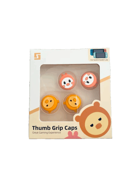 A product box containing four circular thumb grip caps for a Nintendo Switch. Two caps are orange and two are yellow, each featuring a cute, white "kawaii" animal face with pink cheeks. The packaging is white with the text "Thumb Grip Caps" and "Great Gaming Experience."