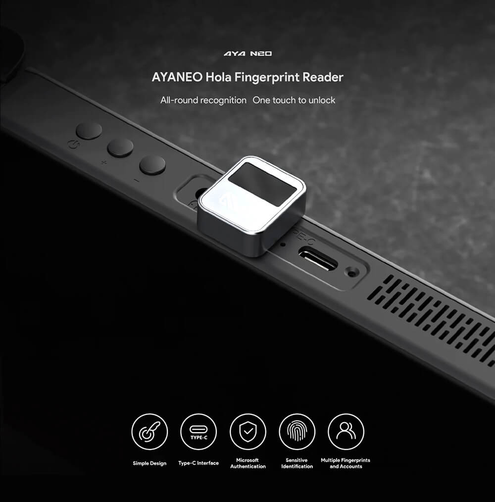 AYANEO Hola Fingerprint Scanner plugged into AYANEO