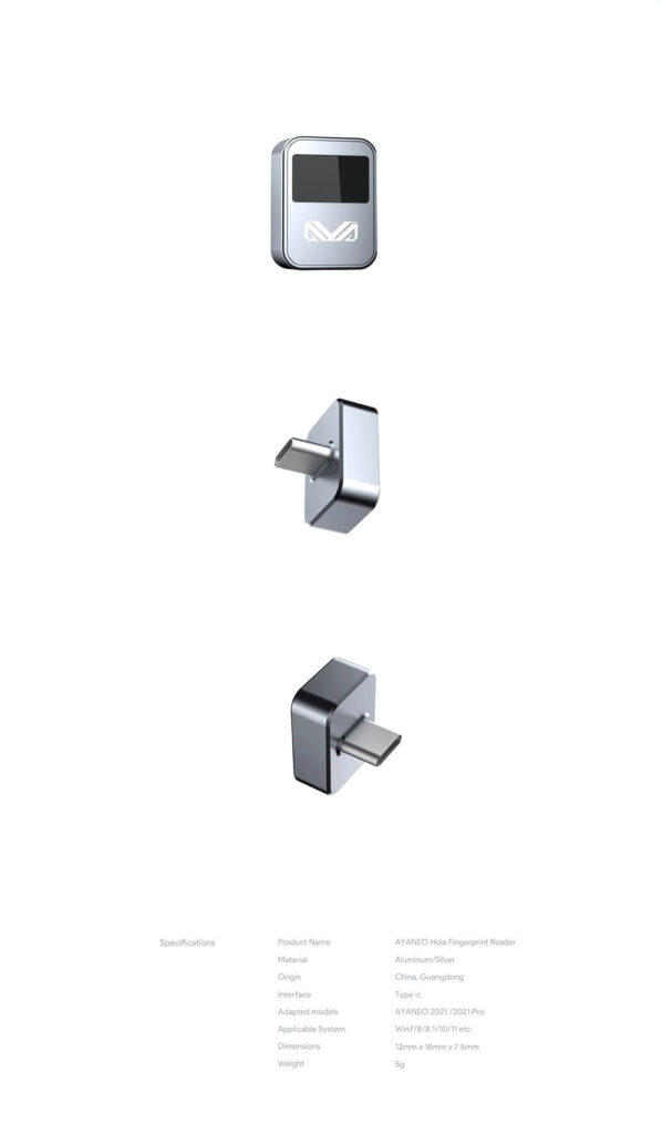 AYANEO Hola Fingerprint Scanner shown from different angles