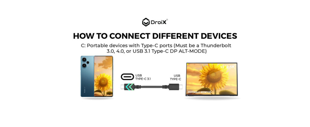 Harness the advanced capabilities of Thunderbolt 3, 4, or USB 3.1 DP ALT-MODE on your smartphone to seamlessly connect to the DroiX PM13 portable monitor for both video output and power delivery. Utilize the Type-C port with DP ALT-MODE support on your smartphone for a streamlined experience with a single cable handling video transmission and power supply