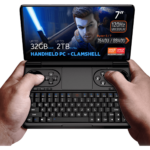 GPD WIN Mini 2024 Powerful handheld gaming PC with 7 FHD 120Hz VRR touchscreen Features AMD Ryzen 7 8840U CPU Radeon 780M GPU 32GB RAM 2TB NVMe storage Compact clamshell design with full keyboard and gaming controls Versatile connectivity including Wi Fi 6E and Bluetooth 52 Runs Windows 11 Home DROIX branding visible Compact form factor offers portability and power for gaming and productivity on the go