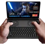GPD WIN Mini 2024 Powerful handheld gaming PC with 7 FHD 120Hz VRR touchscreen Features AMD Ryzen 7 8840U CPU Radeon 780M GPU 32GB RAM 2TB NVMe storage Compact clamshell design with full keyboard and gaming controls Versatile connectivity including Wi Fi 6E and Bluetooth 52 Runs Windows 11 Home DROIX branding visible Compact form factor offers portability and power for gaming and productivity on the go