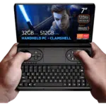 GPDWINMINI2024LISTINGNEWESTDONE0132512 DROIX Global GPD WIN Mini 2024 Powerful handheld gaming PC with 7 FHD 120Hz VRR display Features AMD Ryzen 7 8840U 32GB RAM 512GB NVMe storage Clamshell design combines full QWERTY keyboard with gaming controls including dual joysticks and buttons Compact form factor held comfortably in hands Screen displays game character with glowing sword showcasing vibrant graphics Specs visible 7 screen 120Hz VRR Ryzen 7 8840U 32GB RAM 512GB storage HANDHELD PC CLAMSHELL emphasized AMD Ryzen and Radeon logos present Device offers portable gaming and productivity in one bridging gap between handheld console and mini laptop